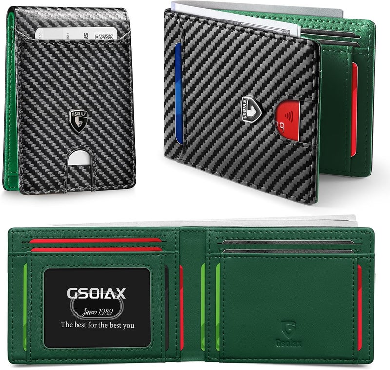 GSOIAX Slim Wallet for Men RFID Blocking Bifold Wallet Carbon Fiber Front Pocket Wallet with 11 Card Holder Minimalist Mens Wallet with Gift Box (Carbon Fiber - Green) - Image 1